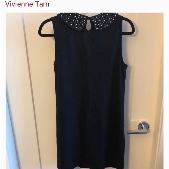 Vivienne Tam, Simple Elegance,Black Dress w/Beaded Mary Jane Collar, Size Large - Picture 13 of 14